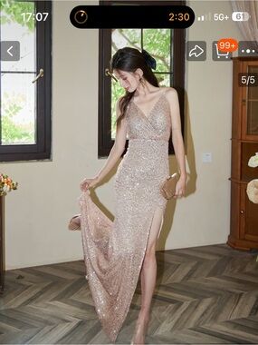 Sparkling Rose Gold Sequin Prom Gown with V-Neck